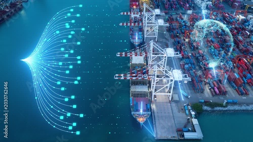 Glowing digital data logistics cargo AI management networks overlaid on a commercial cargo container ship port. artificial intelligence supply chain, and future shipping tech. Smart maritime logistics