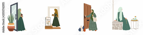 Fotografía Vector illustration set of Muslim women in modest clothing engaged in various activities at home, showcasing Islamic lifestyle, prayer, and hospitality