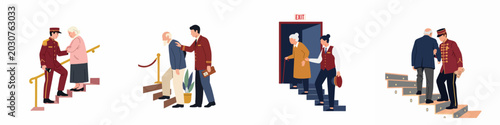 Fotografi Set of illustrations showing helpful staff members assisting elderly people on stairs in various hospitality and public service settings