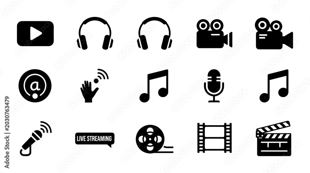 Fototapeta premium Media Icons Set: Audio, Video, Streaming, Music, Film Production Elements