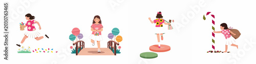 Tableau sur toile Set of four flat illustrations featuring a young girl in a playful and imaginative candy-filled world with lollipops and sweets