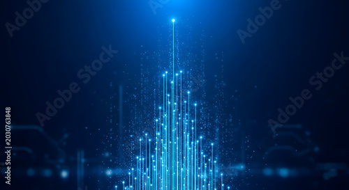 Abstract blue glowing particles rising upwards against a dark background representing data flow and technological advancement