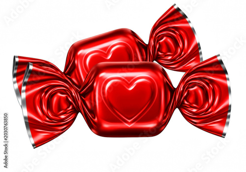 Three shiny red heart shaped candies wrapped in red foil isolated on transparent background