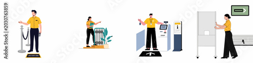 фотографія Set of professional service staff illustrations in yellow uniforms managing queues, providing information, and assisting customers in commercial, transit, or public settings