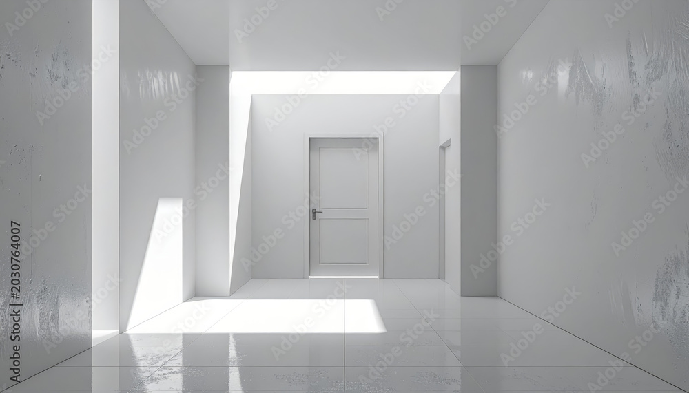 Fototapeta premium Minimalist white hallway with a single door bathed in soft architectural light, creating a serene and modern space