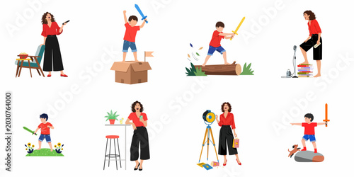 Foto Flat vector character set of a woman and a young boy enjoying different leisure activities, from imaginative play to watching movies and singing