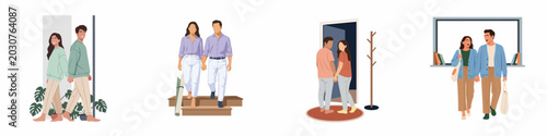 Set of flat vector illustrations depicting a young couple in various domestic lifestyle scenes, walking, holding hands, and entering their home.