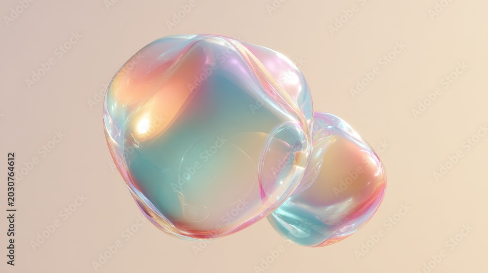 Obraz premium Shimmering bubbles float gently against soft peach backdrop. Iridescent hues ripple across their delicate, translucent surfaces. Light dances inside each bubble, creating soft, shifting glows