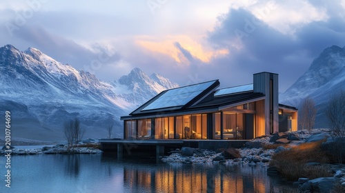 Modern Eco House with Solar Panels by a Mountain Lake at Dusk