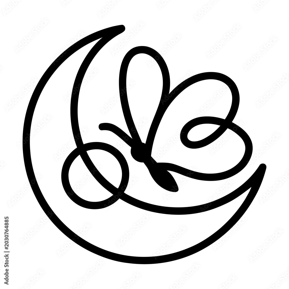 Fototapeta premium Vector of a butterfly sitting on a crescent moon in black lines