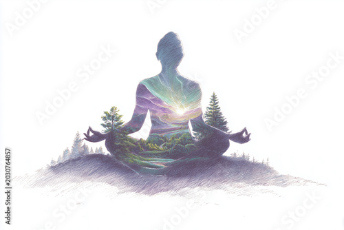 colored pencil illustration of a person meditating in a lotus pose with light on white background