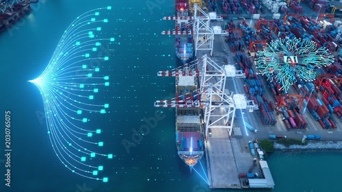 Glowing digital data logistics cargo AI management networks overlaid on a commercial cargo container ship port. artificial intelligence supply chain, and future shipping tech. Smart maritime logistics