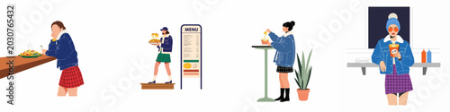 Flat vector illustration set of a stylish young woman in denim and plaid outfits dining at a fast food restaurant or cafe.
