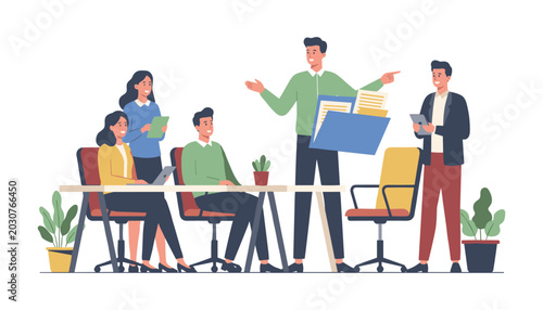 Office team discussing project with documents white background business meeting business