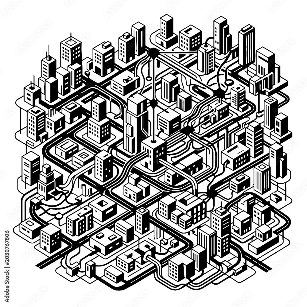 Obraz premium Isometric city map illustration with interconnected buildings and road networks in a black and white minimalist vector graphic style