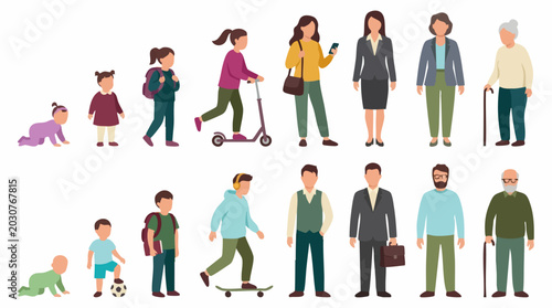Human life stages vector illustration: infants, children, adults, seniors