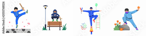 Photos Set of four illustrations depicting a young boy engaged in various imaginative p