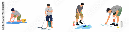 Flat Vector Illustration Set of a Man Cleaning Up Liquid Spills Using Various Tools Like Mops, Sponges, and Squeegees