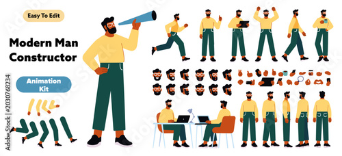 Modern male character constructor with editable vector body parts, emotions, hand gestures and animation ready poses. Flat business avatar kit for SaaS, UI, startup and web projects.