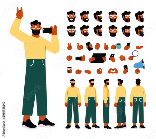 Editable male vector avatar set with character turnaround views, emotions and hand gestures. Modular flat illustration kit for UI design, SaaS platforms and startup projects.