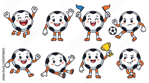 Cute soccer ball mascot character set with different poses, flags, trophy, running and cheering football cartoon icons on white background