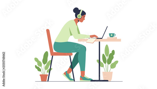 Woman working on laptop with headphones at desk with potted plants home office call