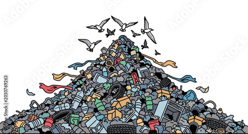 Schilderij op canvas Large pile of trash with birds flying above.