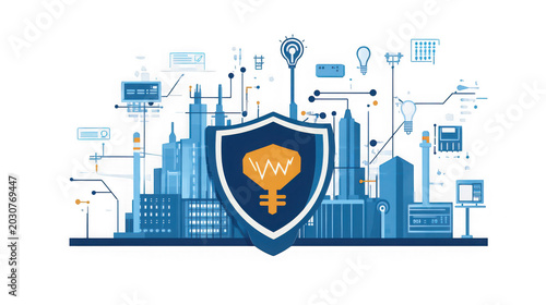 Cybersecurity shield protects a digital city infrastructure from potential network threats and attacks.