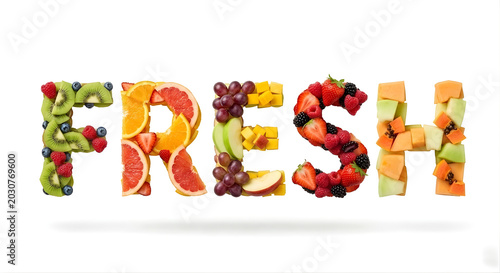The word 'FRESH' creative typography made from various colorful sliced fruits isolated on a clean white background. Healthy food concept, vibrant food art typography for diet, nutrition, and wellness 