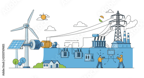 Power grid diagram shows the integration of wind and solar energy into a modern electrical distribution network.