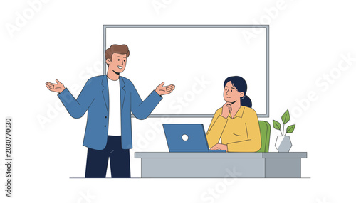 Two business colleagues discussing project ideas in an office with a blank whiteboard, two business