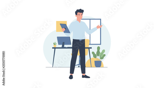 Man presenting ideas or data using a digital tablet in a modern office environment with presentation
