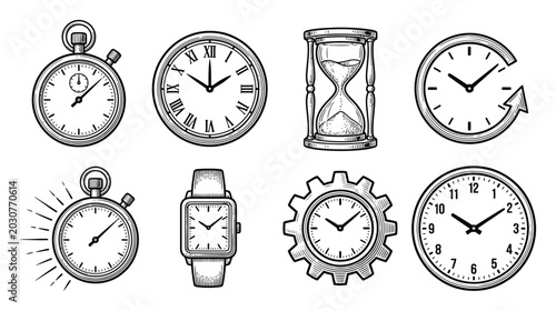 Bild auf Leinwand Collection of vintage and modern timekeeping devices: clocks, watches, and hourg