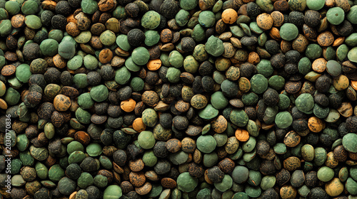 Full frame macro of mottled green lentils in a loose pile of dried legumes
