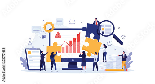 Team of business professionals collaborating to assemble puzzle pieces on a large digital growth chart monitor in office.