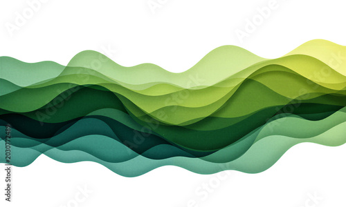 Abstract green waves isolated on a transparent background with flowing paper cut layers for modern branding and graphic design