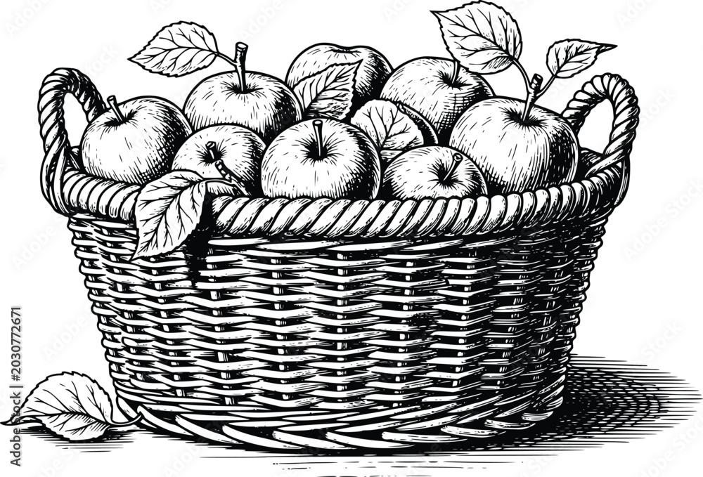 Fototapeta premium Black and White Basket of Apples Vector Illustration