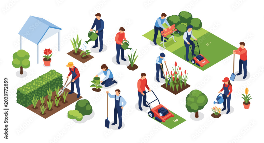 Naklejka premium Isometric view of various people gardening and landscaping including tasks like mowing the lawn, watering plants, and trimming green hedges.