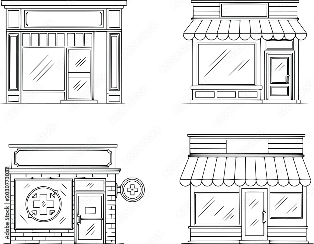 Fototapeta premium Storefront Vector Illustrations of Various Shop Facades
