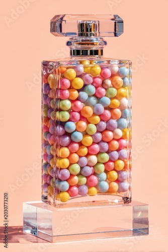 Surreal studio shot of a transparent glass perfume bottle filled with colorful pastel candy beads standing on a crystal base against a soft peach background