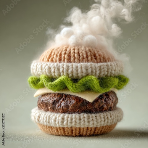 Surreal close-up of a cheeseburger made entirely from knitted yarn with a cloud of realistic white steam or smoke rising from the top bun against a soft gray background