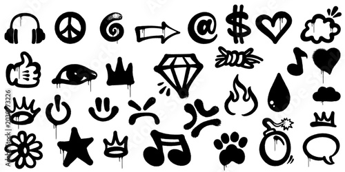 Valokuva Large set pack of black spray paint doodle icons capturing raw street art aerosol stains for modern youth alternative subculture apparel merchandise decoration graphic pattern layout clip art
