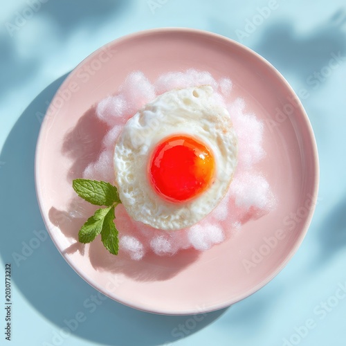 Surreal top view of a fried egg served on a bed of fluffy pink cotton candy with a mint leaf on a pastel pink plate against a light blue background with shadows