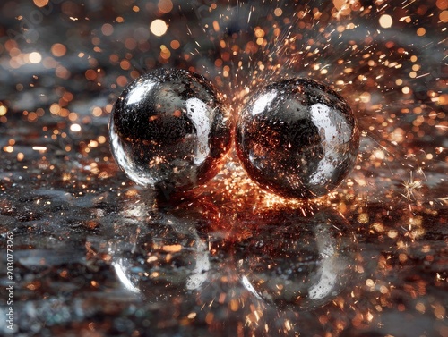 Dynamic macro shot of two metallic steel spheres colliding on a wet reflective surface. The intense impact generates explosive golden sparks and particles mid-air