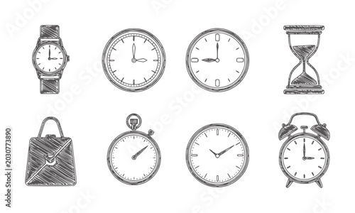 Bild auf Leinwand Collection of hand drawn timekeeping and a handbag clock watch hourglass stopwat