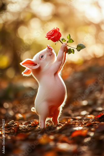 animal by ai, piglet sniffing at pink rose and standing on hinder legs, cute pig baby smelling flower, pink nose, standing on brown leaves, blurred sunset in background, photorealistic