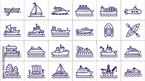 Bilde på lerret Set of water transport and marine vehicles outline icons