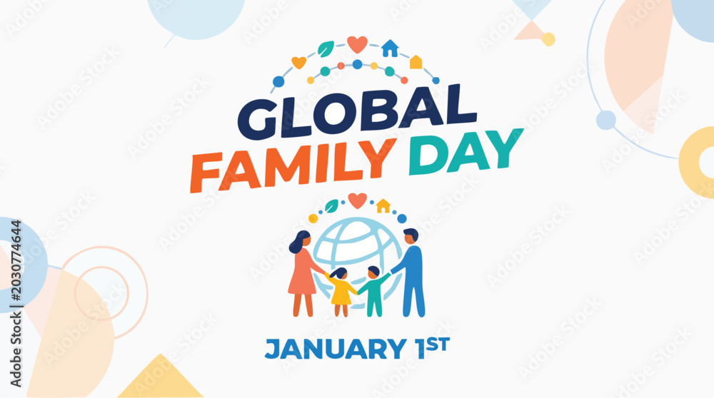 Fototapeta premium Global Family Day logo with colorful balloons and diverse people icons in vibrant celebratory lighting for social media