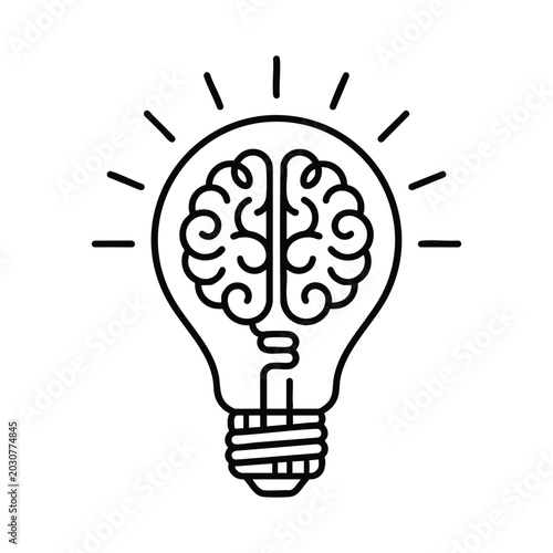 Fotografía A black line drawing of a lightbulb with a brain inside on white background