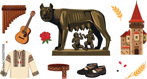 Obraz na płótnie Romania Culture and Landmarks Vector Set with Capitoline Wolf Statue, Bran Castl